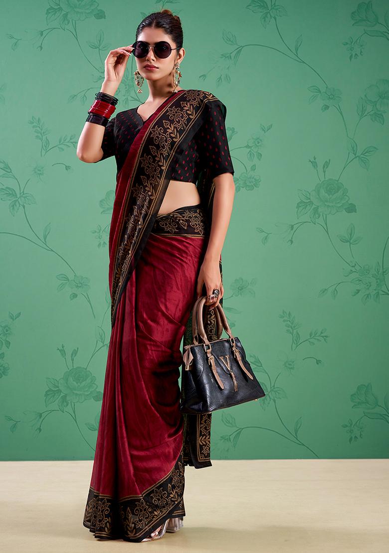Maroon Printed Silk Saree Set - Indya