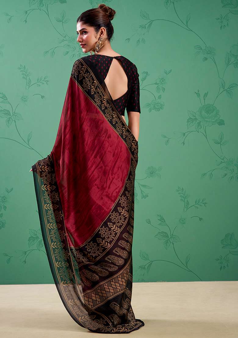 Maroon Silk Blend Saree Set with Printed for Diwali | Wedding & Festive Wear - Indya