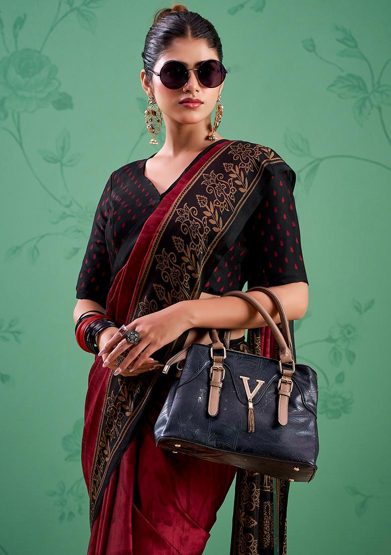 Maroon Printed Silk Saree Set - Indya