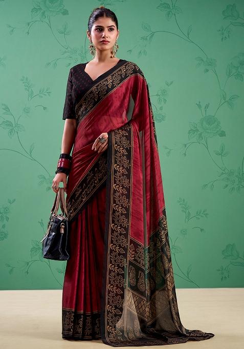 Maroon Printed Silk Saree Set