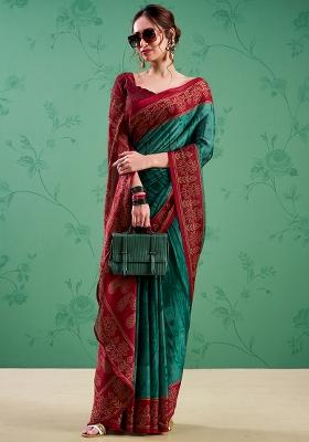 Teal Printed Silk Saree Set