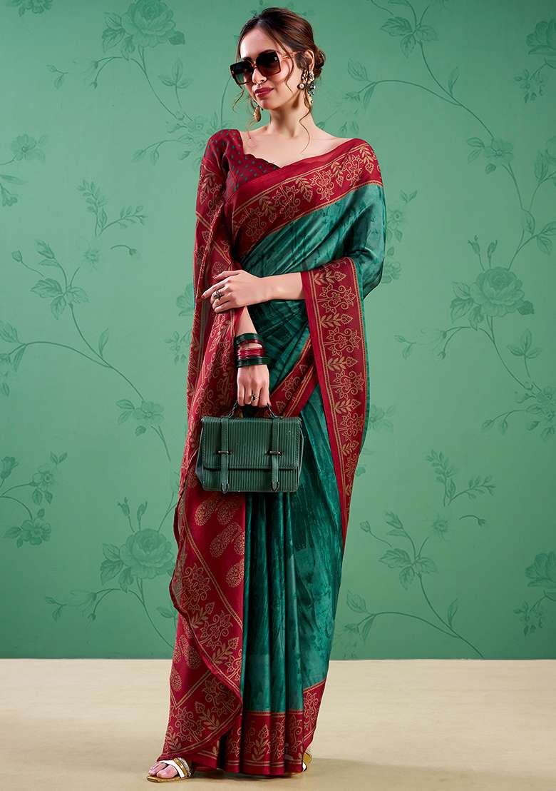 Teal Printed Silk Blend Saree Set for Diwali and Festive Wear - Indya
