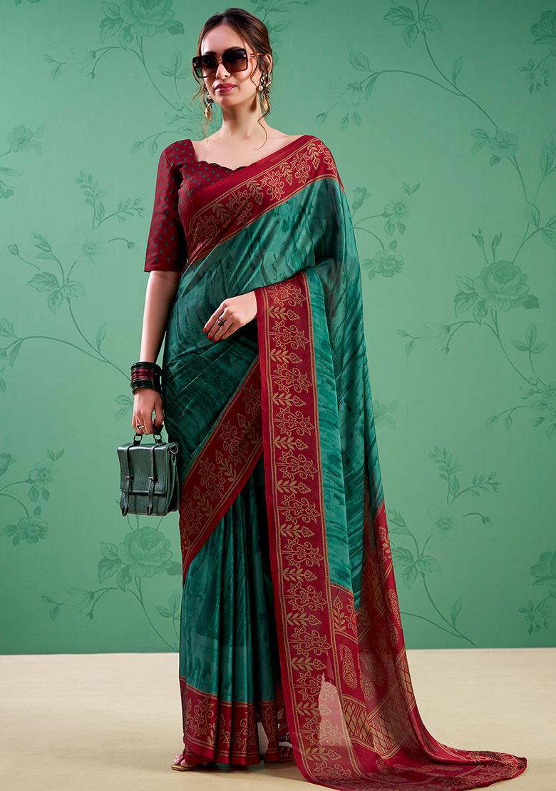 Teal Printed Silk Saree Set - Indya