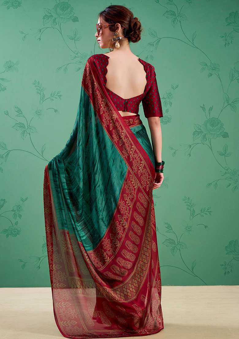Teal Printed Silk Blend Saree Set for Diwali and Festive Wear - Indya