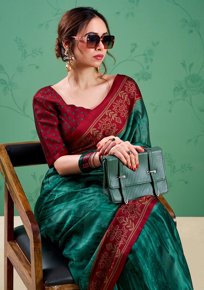 Teal Printed Silk Saree Set - Indya