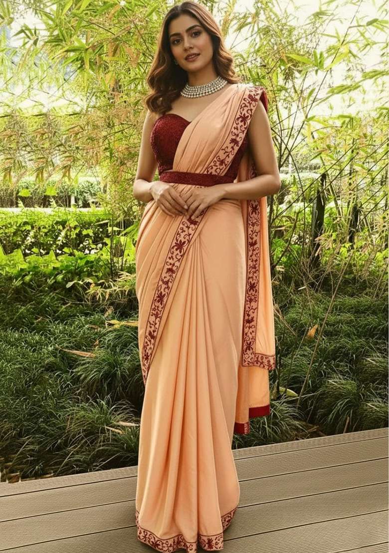 Peach Thread And Stone Work Silk Blend Saree for Diwali and Festive Wear - Indya