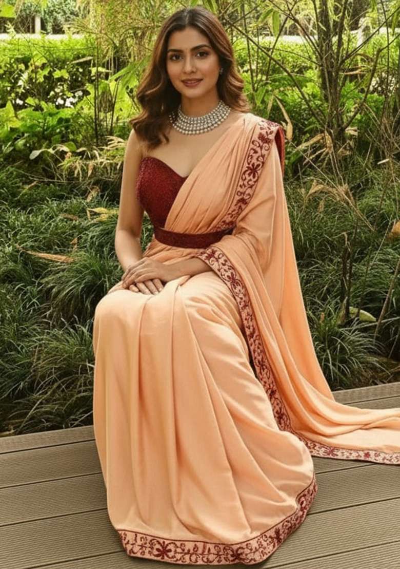 Peach Thread And Stone Work Silk Blend Saree for Diwali and Festive Wear - Indya