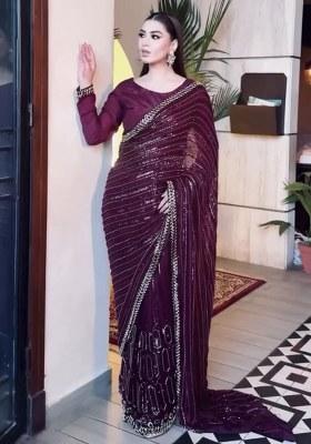 Wine Sequins Silk Saree