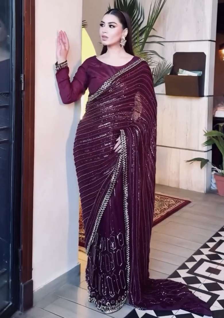 Wine Silk Blend Saree with Sequins for Diwali | Wedding & Festive Wear - Indya
