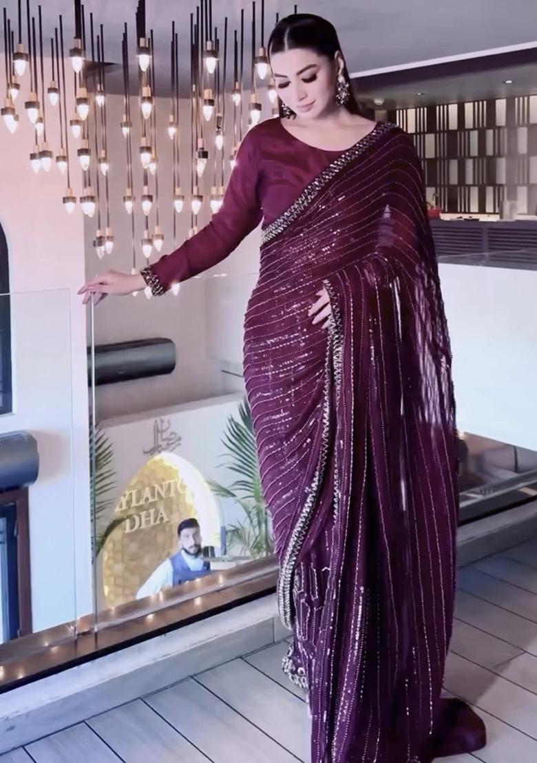 Wine Sequins Silk Saree - Indya