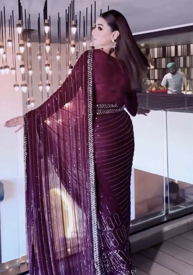 Wine Silk Blend Saree with Sequins for Diwali | Wedding & Festive Wear - Indya