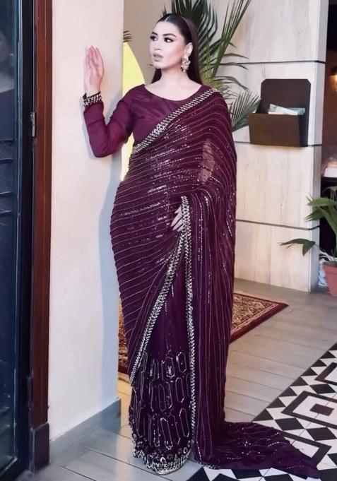 Wine Sequins Silk Saree