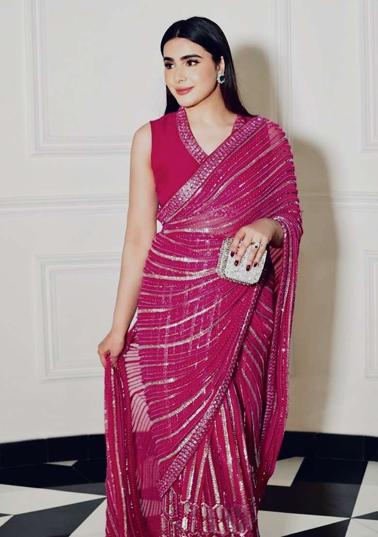 Pink Sequins Georgette Saree for Diwali and Festive Wear - Indya