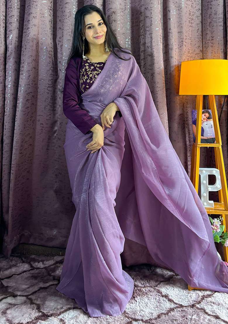 Purple Sequins Silk Blend Saree for Diwali and Festive Wear - Indya