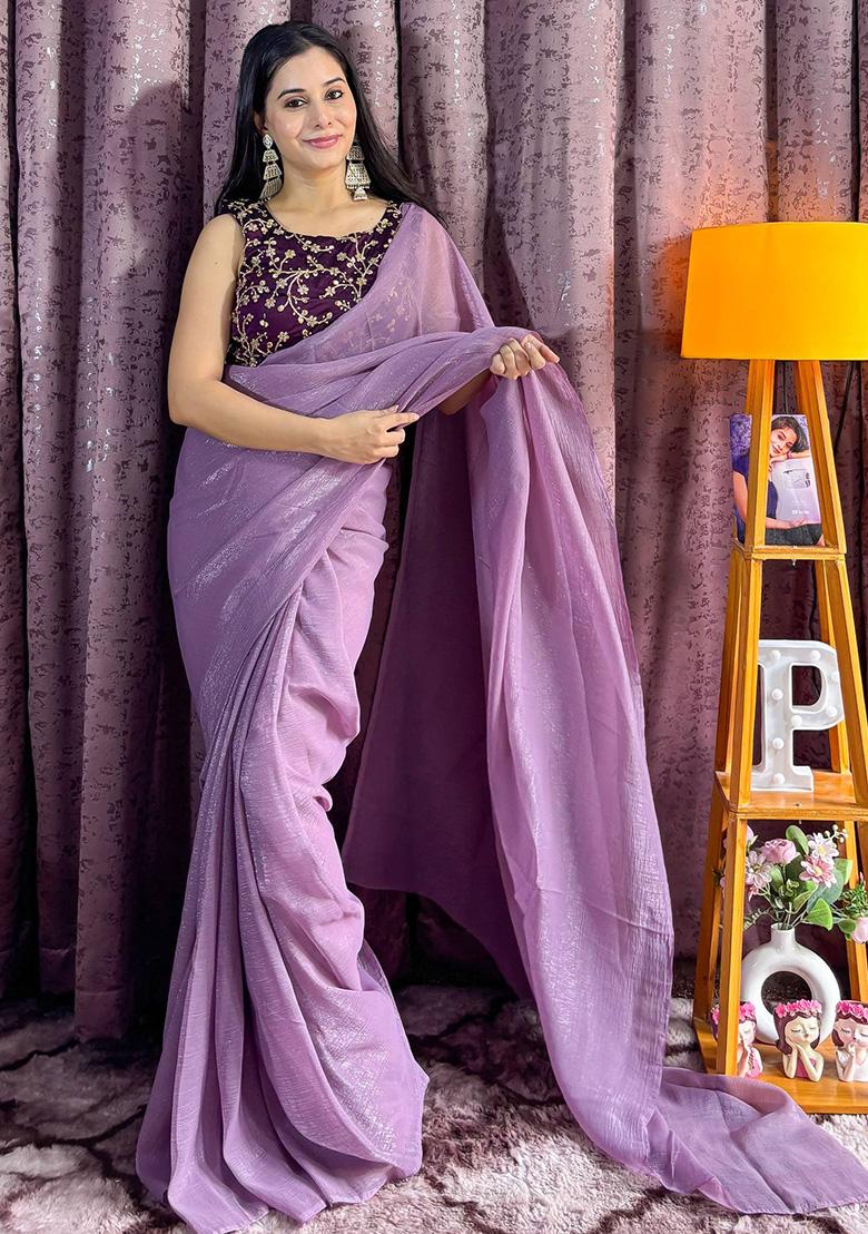 Purple Sequins Silk Saree - Indya