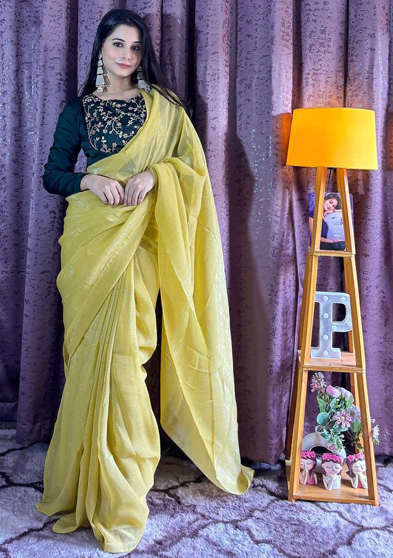 Yellow Sequins Silk Blend Saree for Diwali and Festive Wear - Indya
