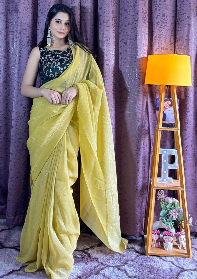 Yellow Sequins Silk Saree - Indya