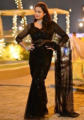 Black Sequins Net Saree
