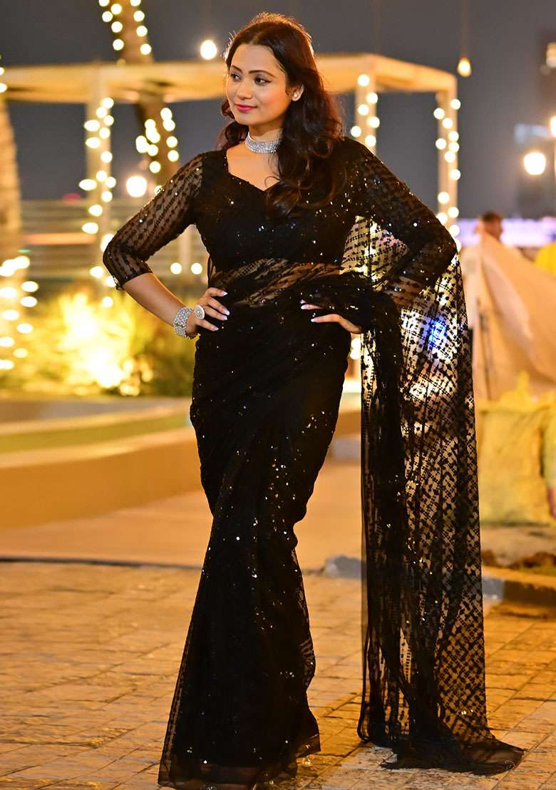 Black Net Saree with Sequins for Diwali | Wedding & Festive Wear - Indya