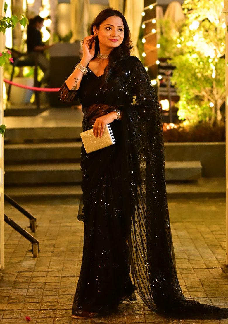 Black Sequins Net Saree - Indya