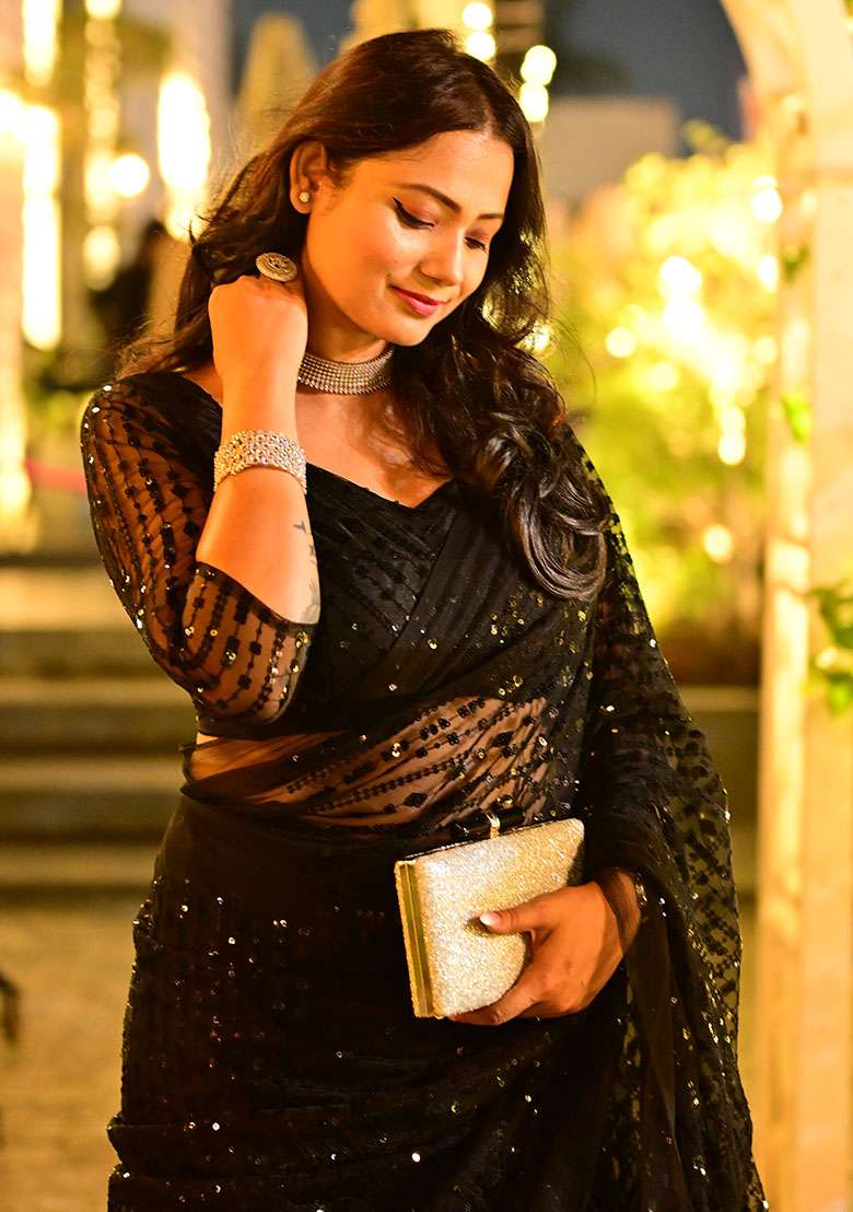 Black Net Saree with Sequins for Diwali | Wedding & Festive Wear - Indya