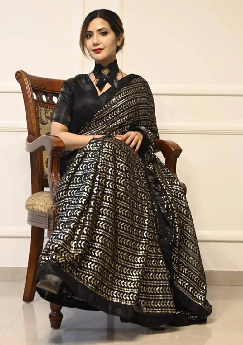 Black Sequins Georgette Saree - Indya