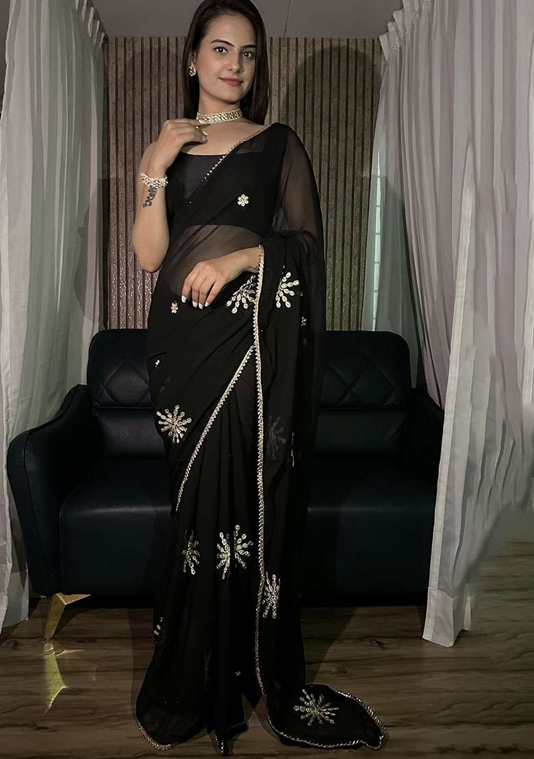 Black Georgette Saree with Embroidered for Diwali | Wedding & Festive Wear - Indya