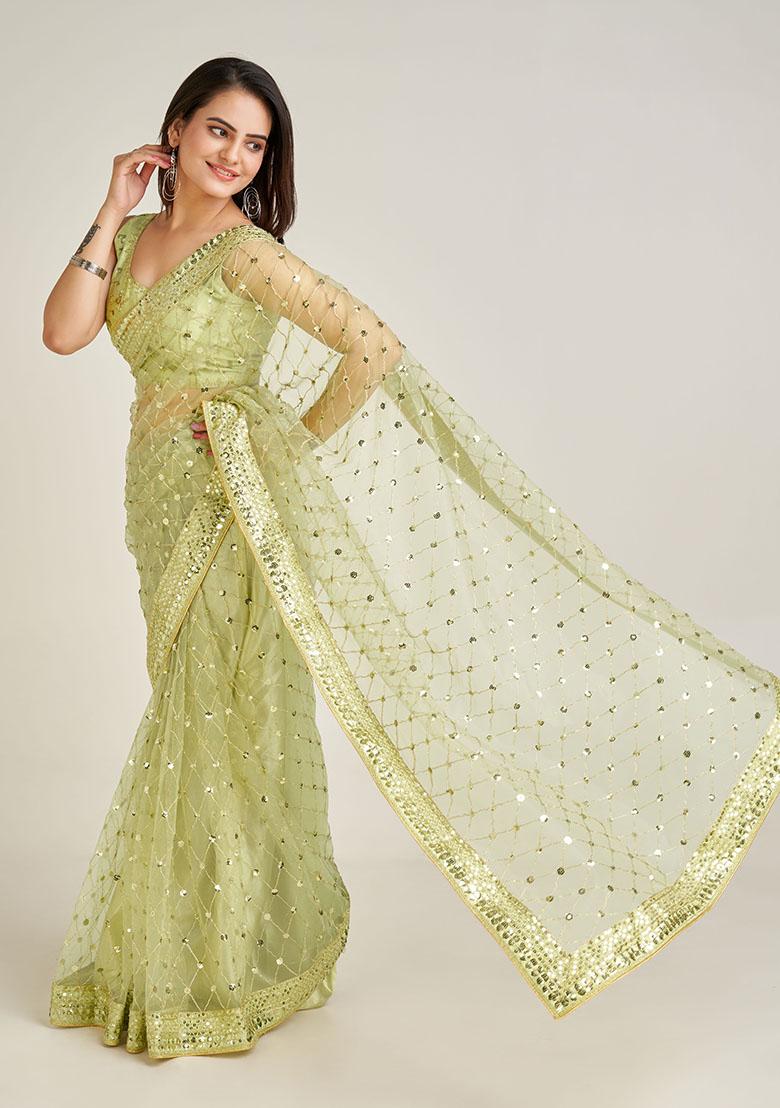 Pista Sequins Net Saree - Indya