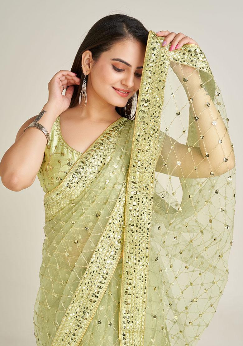 Pista Sequins Net Saree - Indya