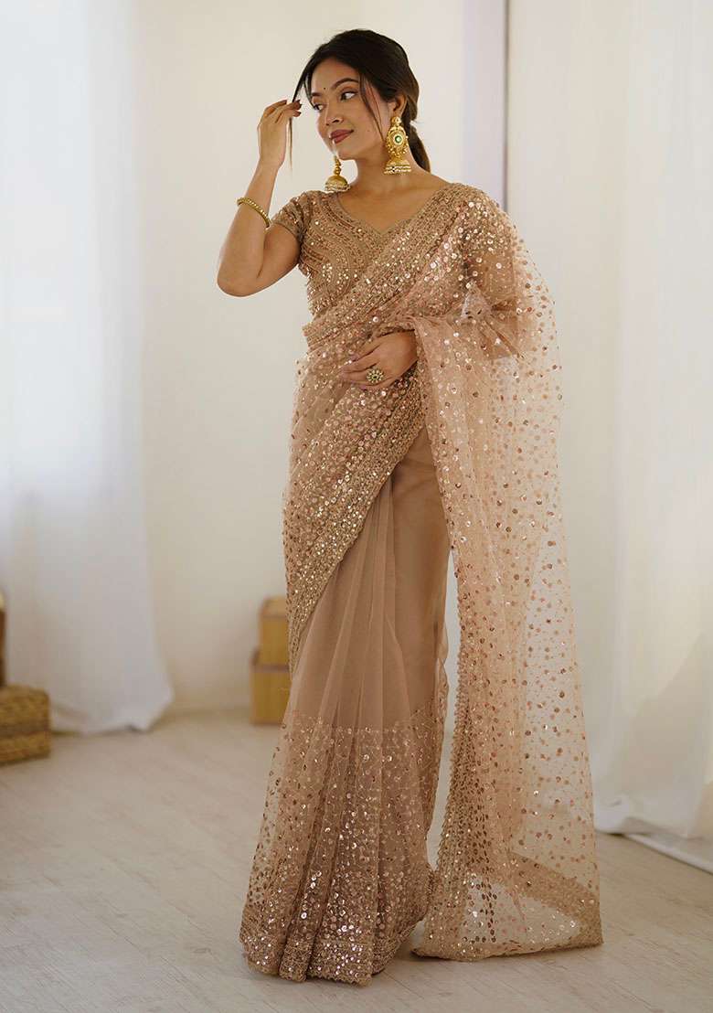 Golden Net Saree with Sequins for Diwali | Wedding & Festive Wear - Indya