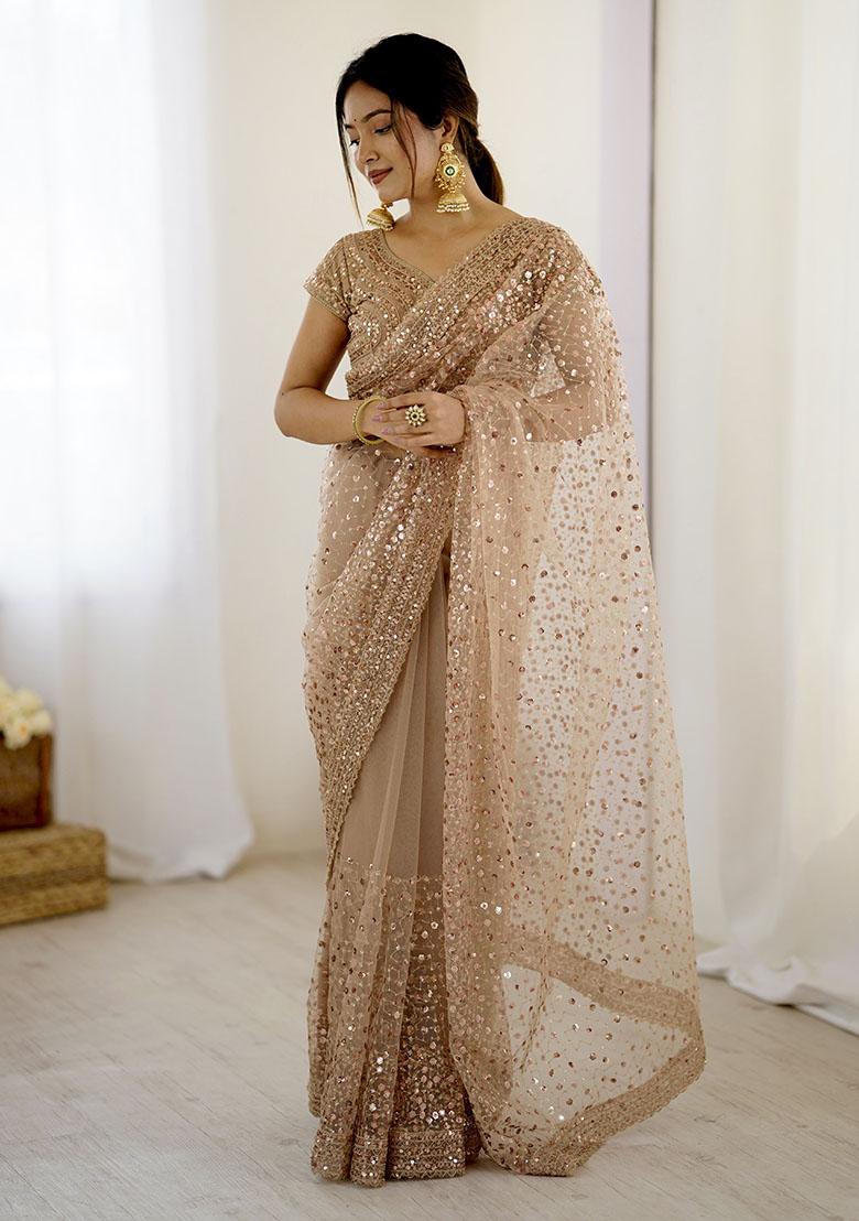 Golden Sequins Net Saree - Indya