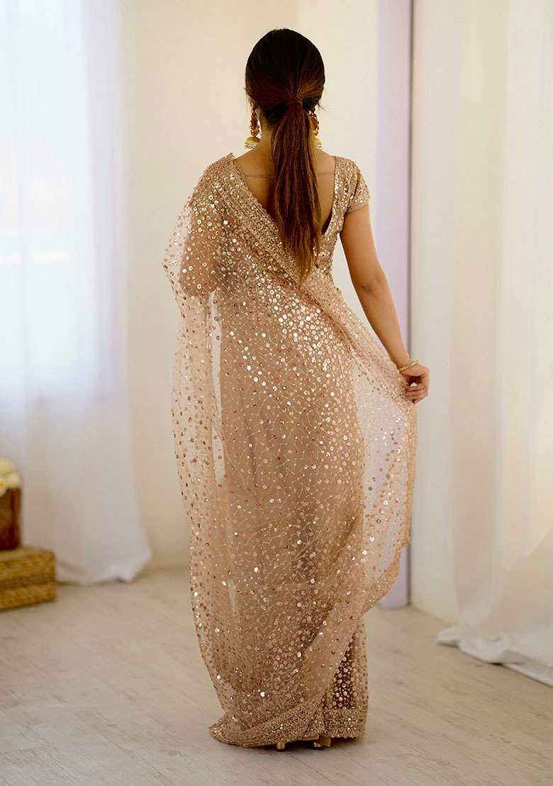 Golden Net Saree with Sequins for Diwali | Wedding & Festive Wear - Indya