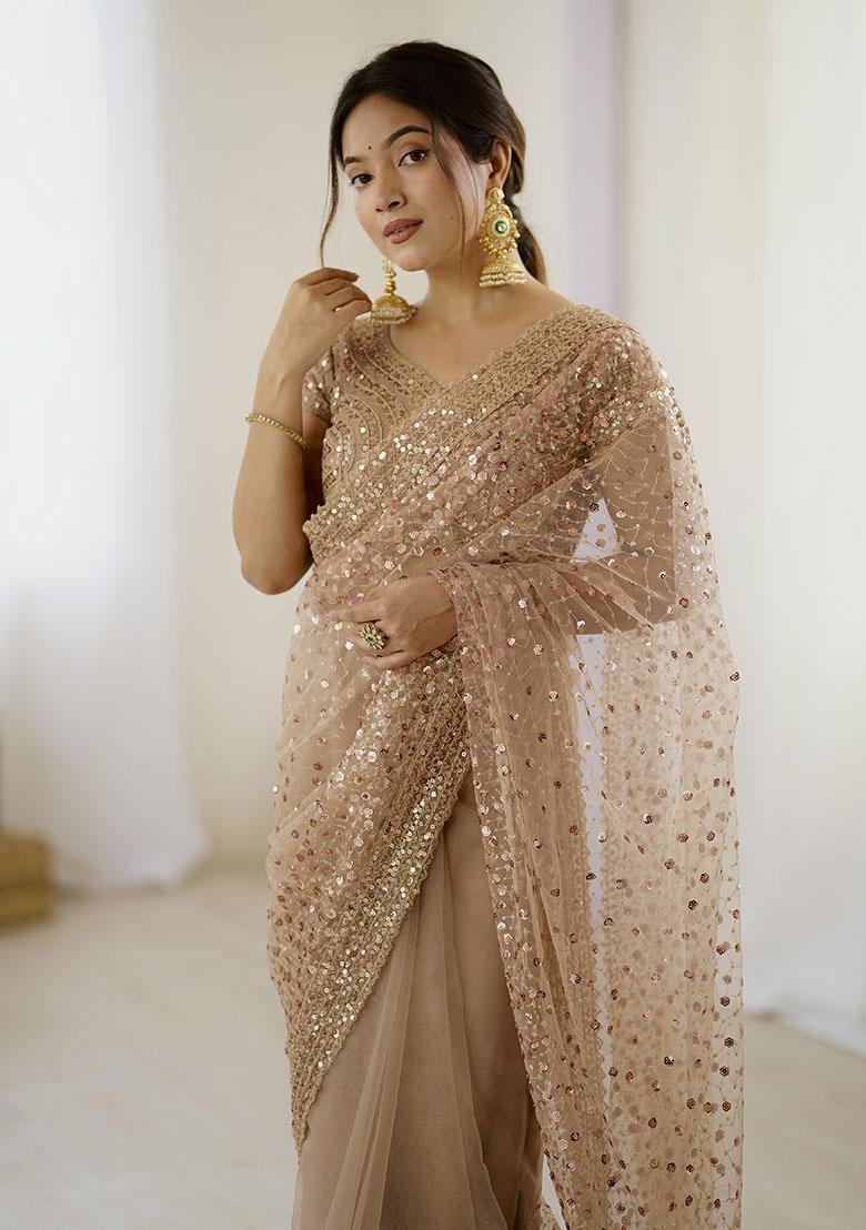 Golden Sequins Net Saree - Indya
