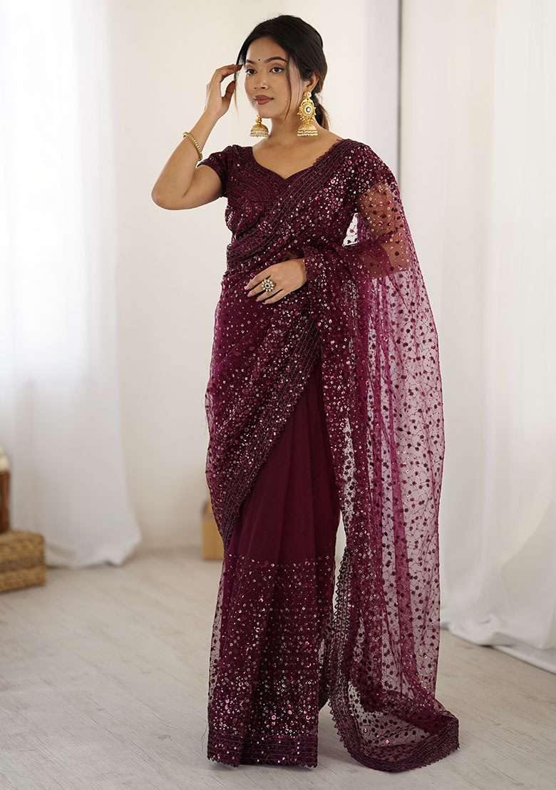 Wine Net Saree with Sequins for Diwali | Wedding & Festive Wear - Indya