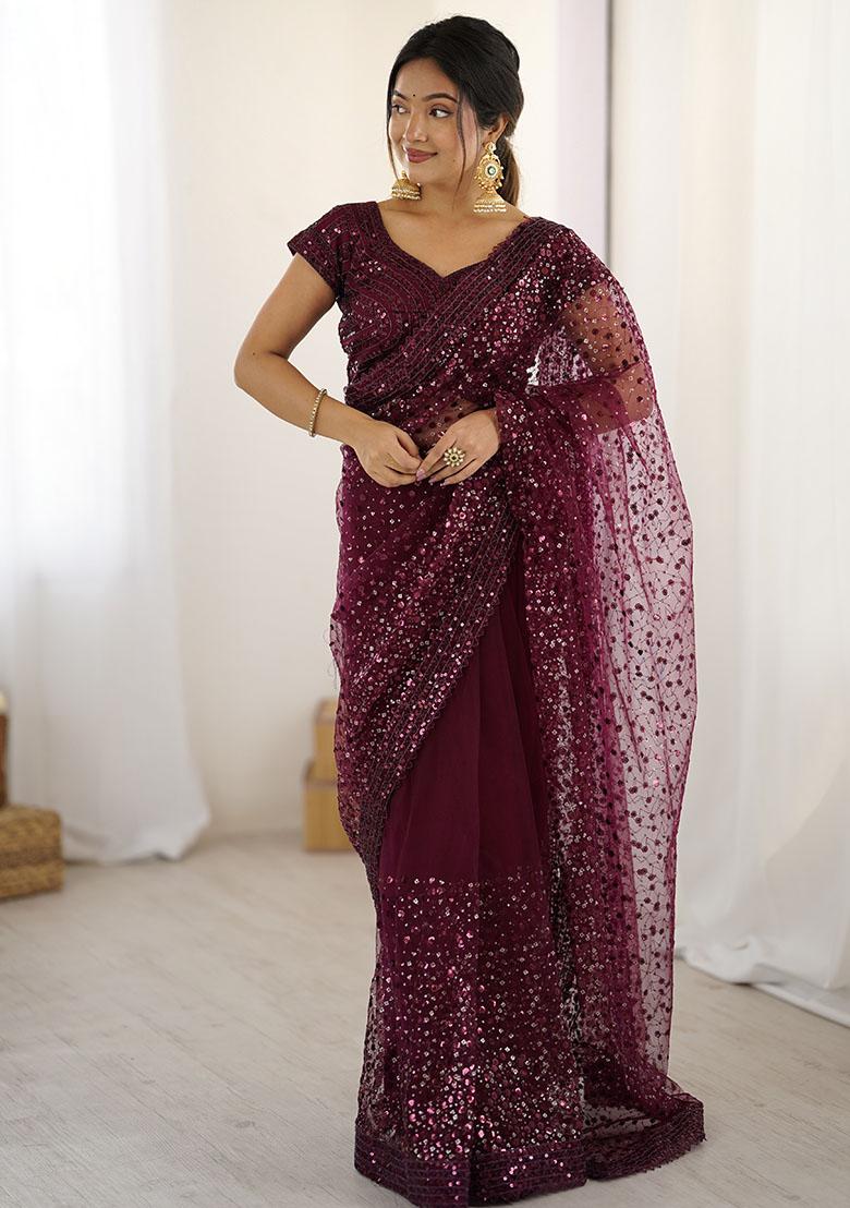 Wine Sequins Net Saree - Indya