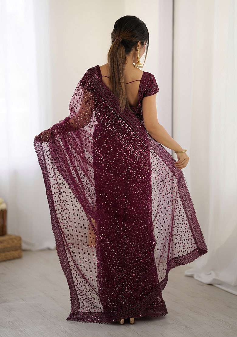 Wine Net Saree with Sequins for Diwali | Wedding & Festive Wear - Indya
