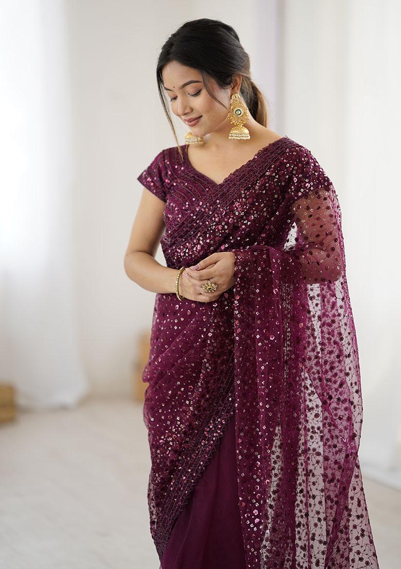 Wine Sequins Net Saree - Indya