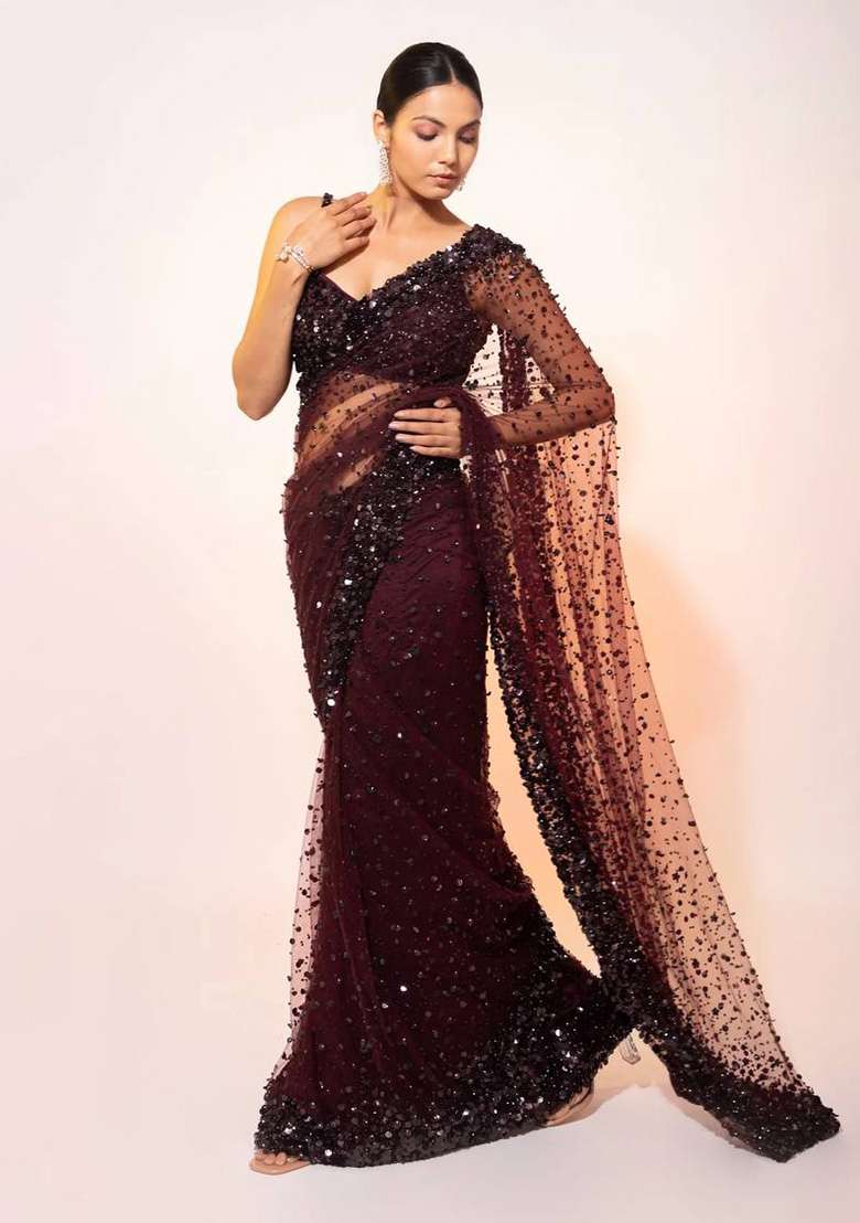 Brown Net Saree with Sequins for Diwali | Wedding & Festive Wear - Indya