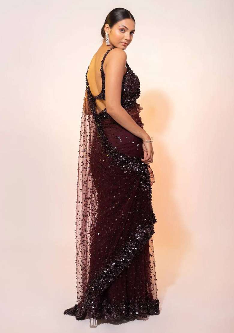 Brown Net Saree with Sequins for Diwali | Wedding & Festive Wear - Indya