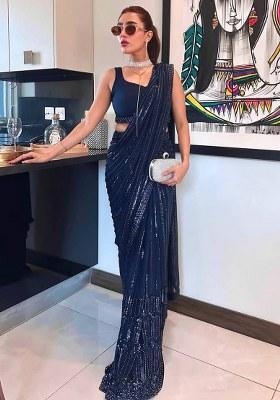 Navy Blue Sequins Georgette Saree