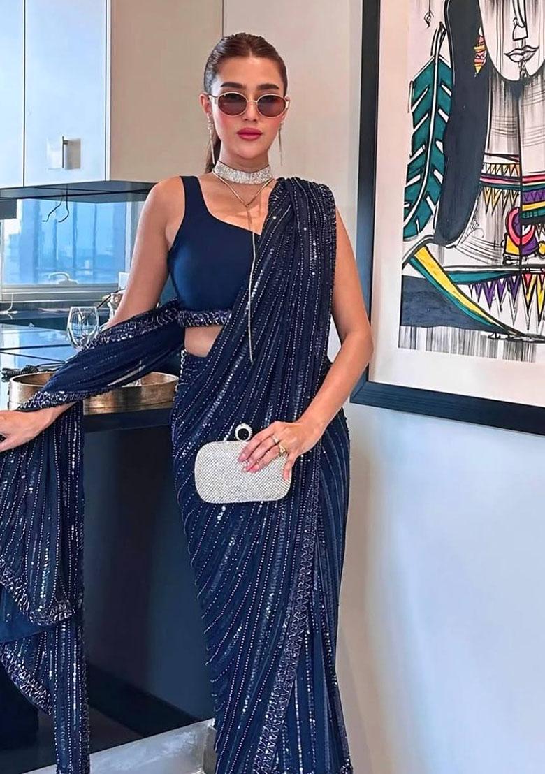 Navy Blue Sequins Georgette Saree - Indya