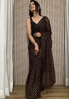 Brown Sequins Georgette Saree