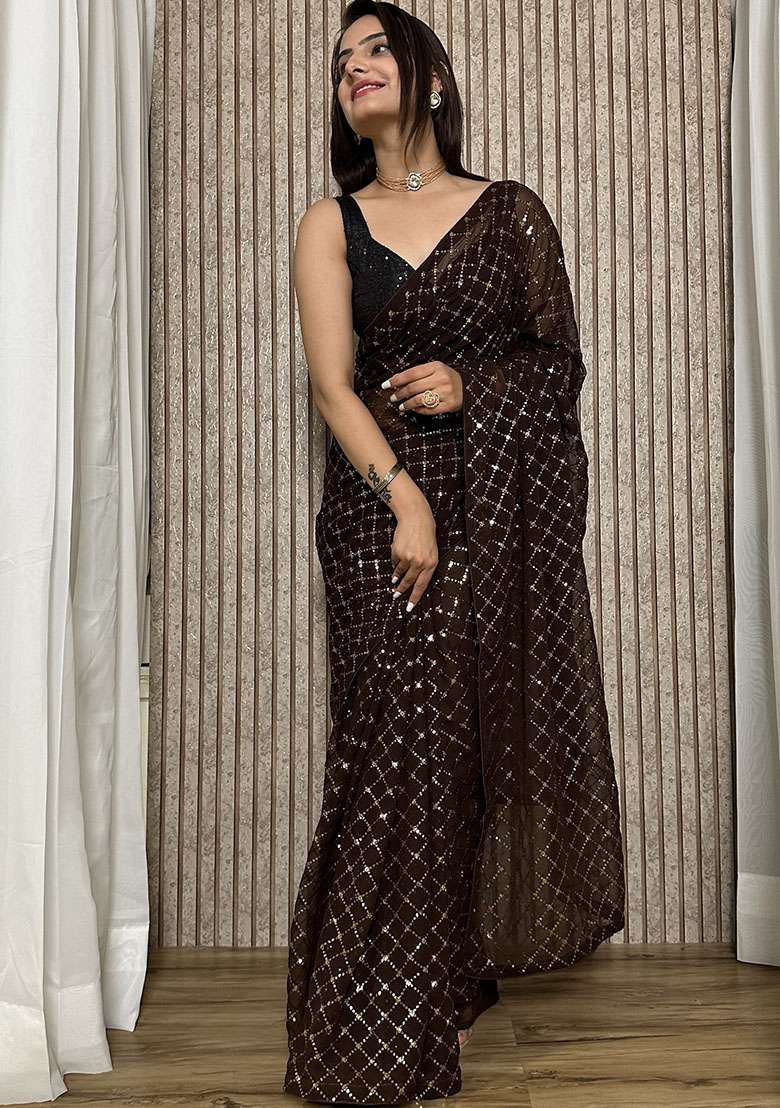 Brown Georgette Saree with Sequins for Diwali | Wedding & Festive Wear - Indya