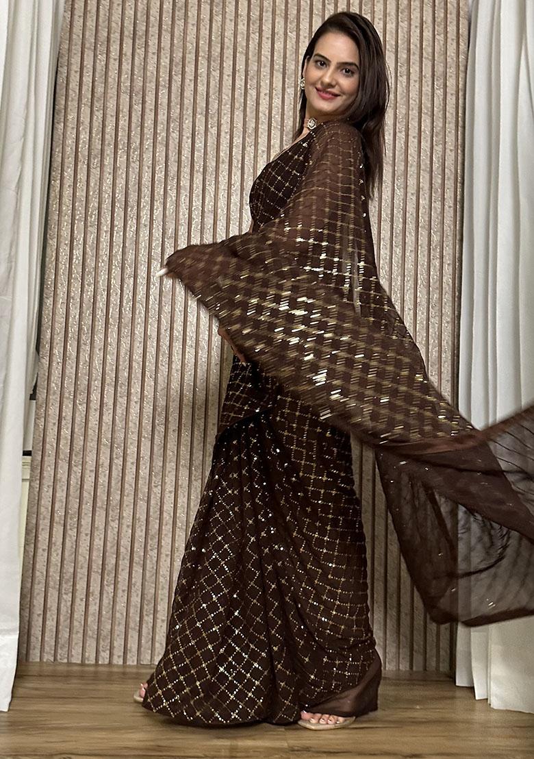 Brown Sequins Georgette Saree - Indya