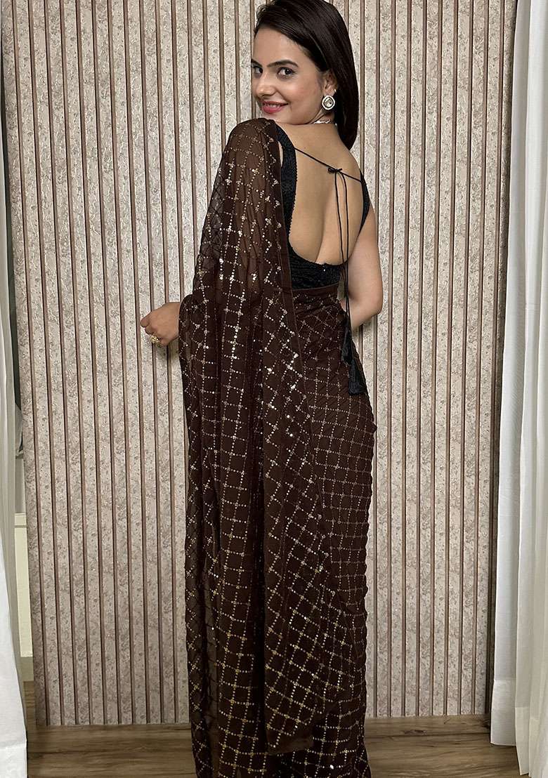 Brown Georgette Saree with Sequins for Diwali | Wedding & Festive Wear - Indya