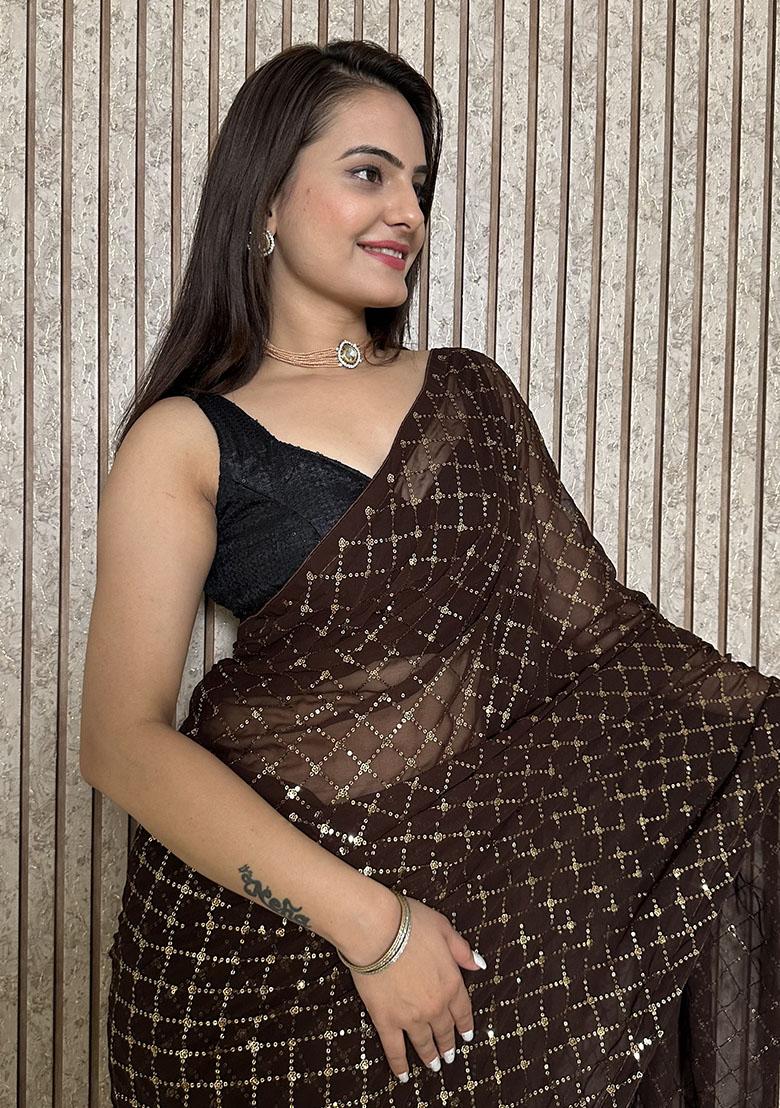 Brown Sequins Georgette Saree - Indya