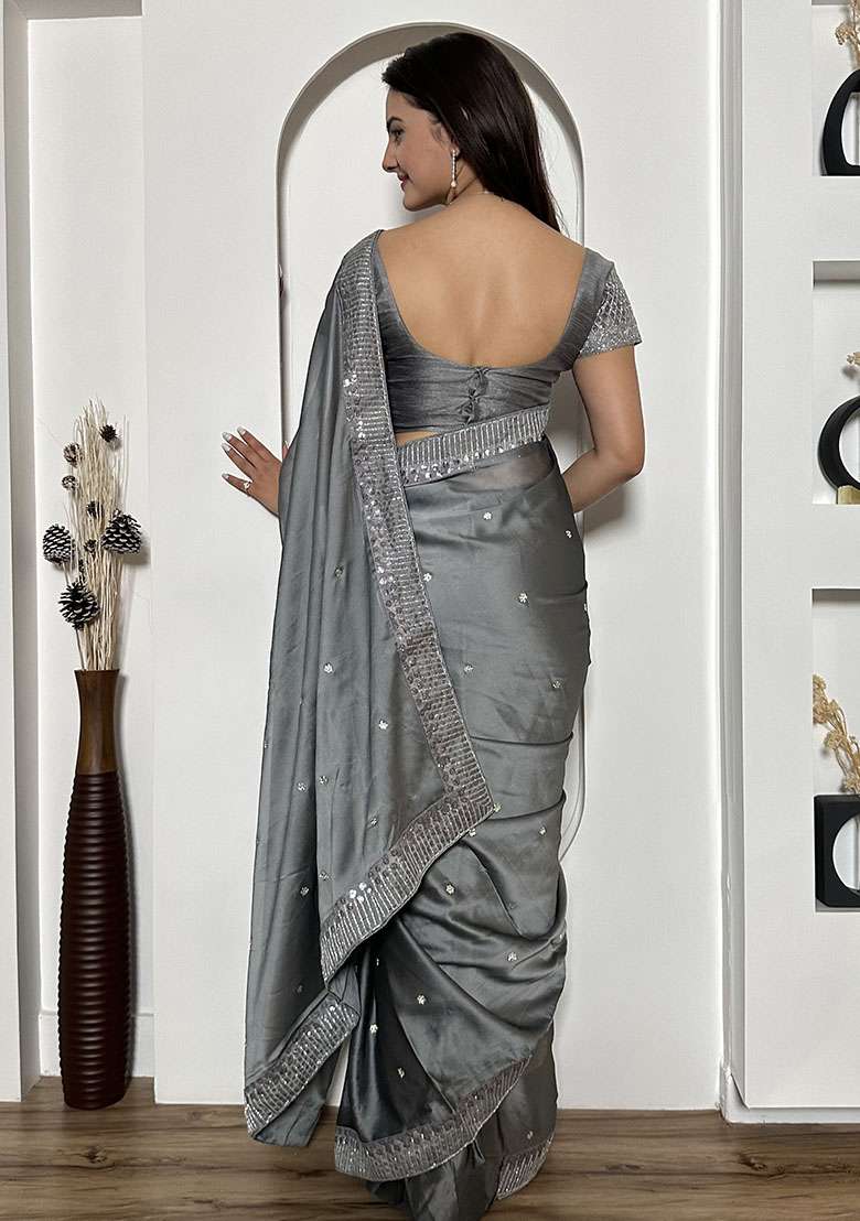Grey Sequins Silk Blend Saree for Diwali and Festive Wear - Indya