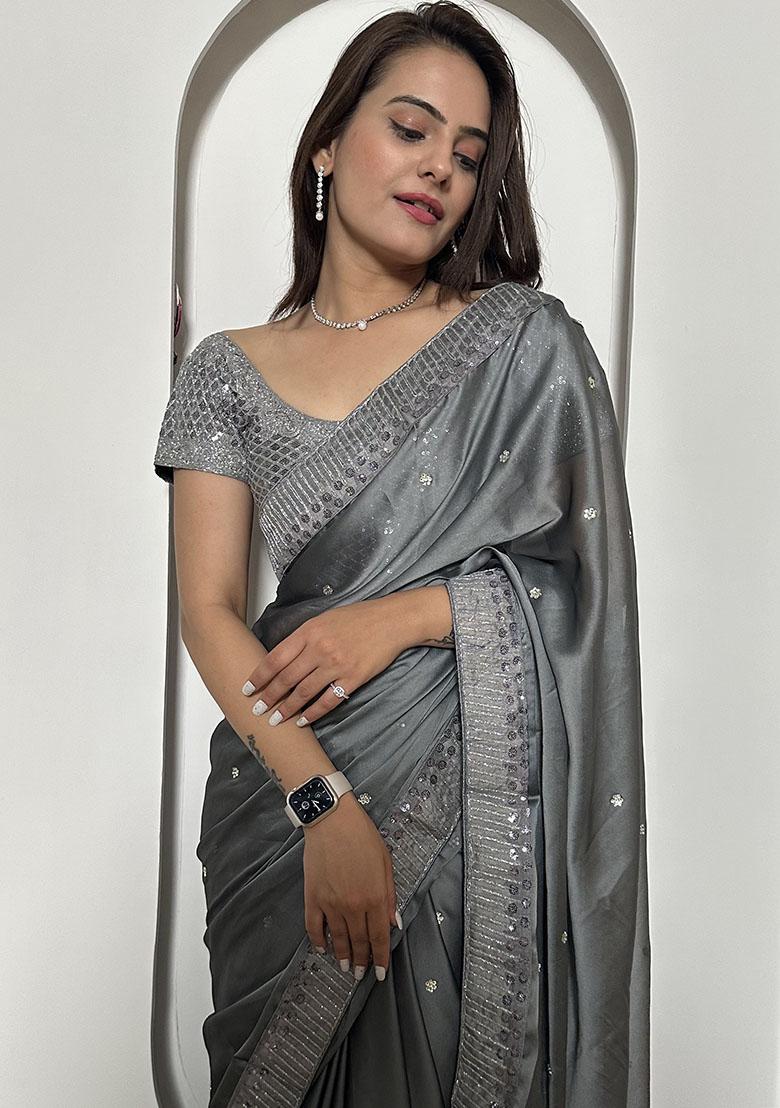 Grey Sequins Silk Saree - Indya