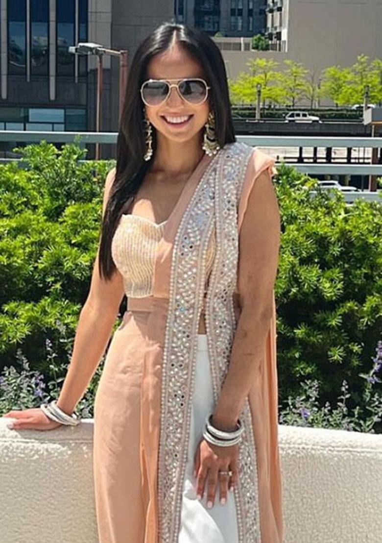 Peach Sequins Georgette Saree - Indya