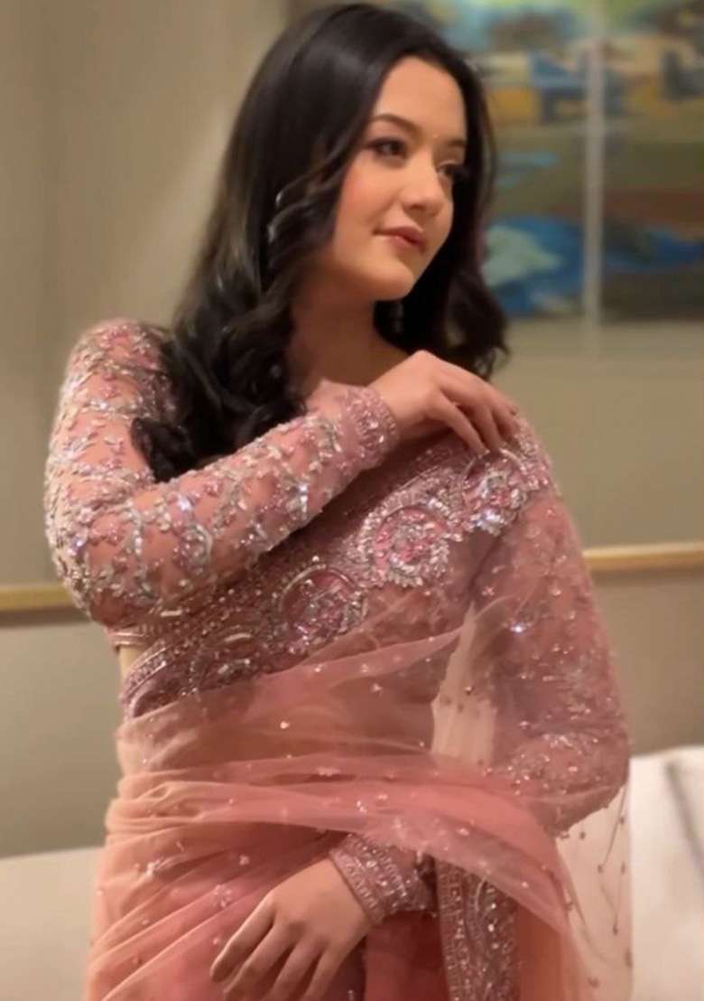 Peach Embroidered Net Saree for Diwali and Festive Wear - Indya